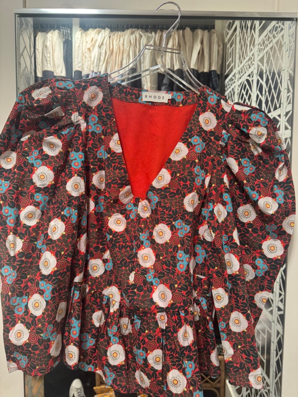 RHODE Floral Puff-Sleeve Peplum Top in Red, Teal & White
